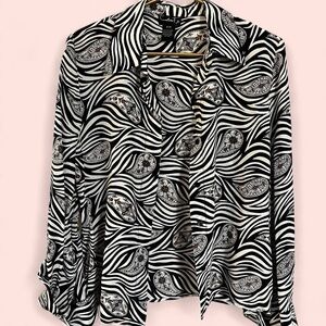 COLOR FX mix print paisley zebraish 100% silk button up shirt collar blouse